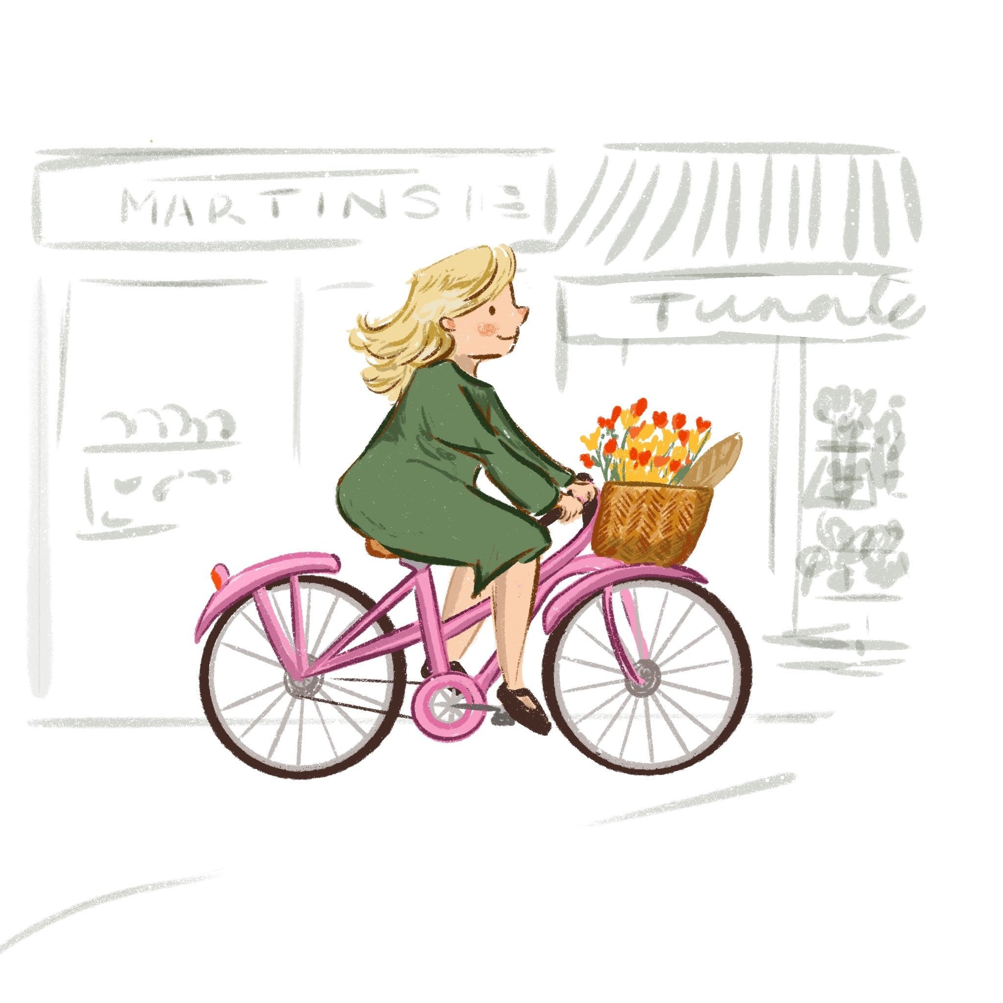 Blonde white woman illustrated riding a pink bike in a green coat, with a basket art the front, her hair floating in the air, with a sketch of market shop in the background