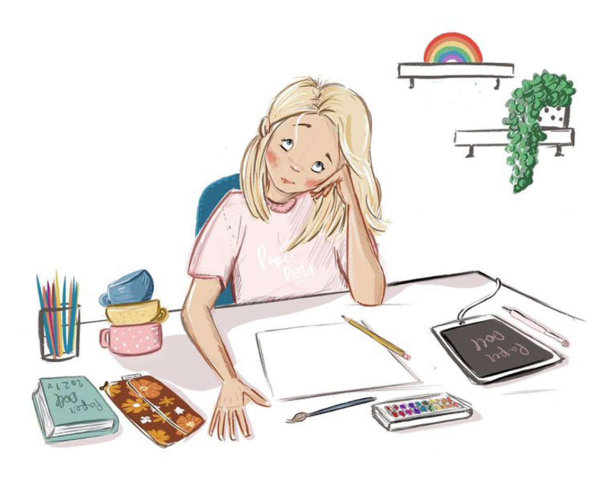 Cropped illustration of a white woman with blonde hair sat an their desk resting their head on their hand